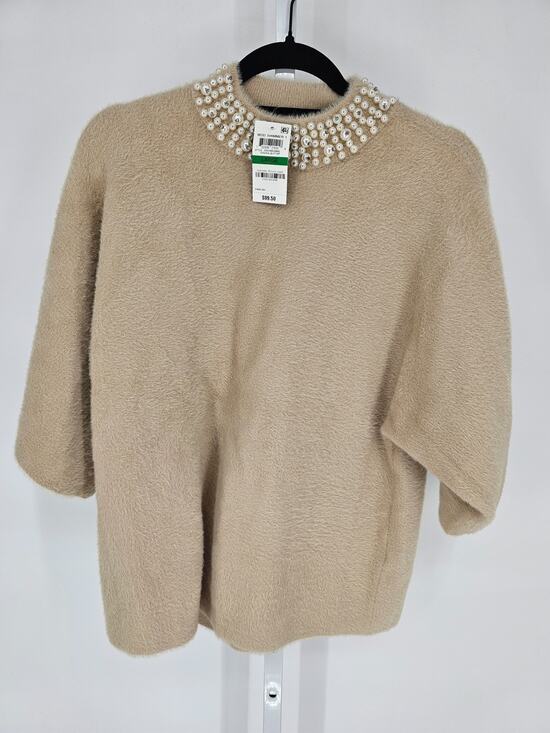 Alfani Sweaters - Alfani Womens Sz L Half Sleeve Mock Neck Sweater Shimmer Fuzzy Beaded Beige NEW